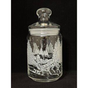 Vintage 1993 Luminarc Glass Canister Lid Etched Winter Scene Avon Happy Holidays